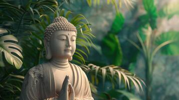 AI generated Stone buddha statue stands among tropical leaves photo