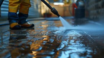 AI generated Workers Using Pressure Washer to Clean Driveways for Professional Cleaning Service. photo