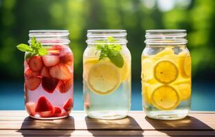 AI generated three mason jars filled with citrusinfused water and strawberries photo