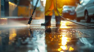 AI generated Workers Using Pressure Washer to Clean Driveways for Professional Cleaning Service. photo