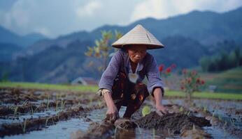 AI generated woman in traditional asian attire plowing in a rice field photo