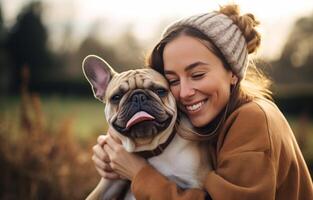 ai generado alegre abrazo con francés buldog foto