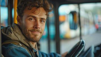 ai generado joven hermoso autobús conductor se sienta detrás el rueda de un autobús y mira a el cámara sonriente. foto