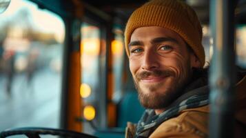 AI generated Young handsome bus driver sits behind the wheel of a bus and looks at the camera smiling. photo