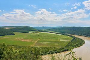 Summer river Dnister flows among green high heels.Cultivated fields photo