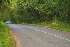 Travelling by car. Asphalt rural road in the middle of green trees photo