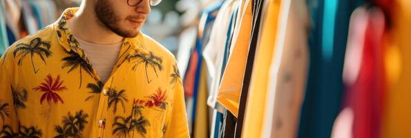 ai generado hombre en vibrante amarillo palma árbol impresión camisa compras para ropa foto