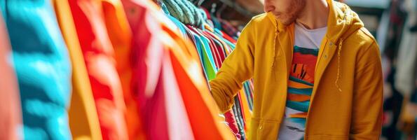 AI generated Man Browsing Colorful Clothes at Thrift Market photo