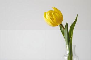 AI generated a single yellow tulip in a clear vase photo