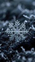 AI generated a close up of a snowflake on a black surface photo