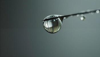 ai generado un soltar de agua colgando desde un espada de césped foto