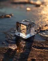 AI generated an ice cube sitting on top of a wet ground photo