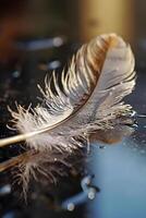 AI generated a close up of a feather on a table photo