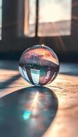 AI generated a glass ball sitting on top of a wooden floor photo