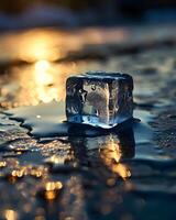 ai generado un hielo cubo sentado en parte superior de un mojado superficie foto