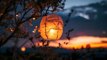 AI generated a paper lantern hanging from a tree branch photo