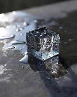 AI generated a cube of ice sitting on top of a puddle of water photo