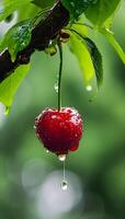 AI generated a cherry hanging from a tree with water droplets on it photo