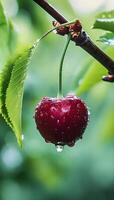 AI generated a cherry hanging from a tree with water droplets on it photo