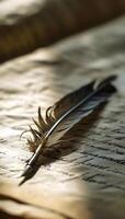 AI generated a feather quill resting on a piece of paper photo