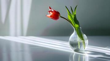 AI generated a single red tulip in a clear vase photo