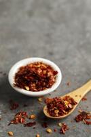 Red Chilli Flakes on Wooden Spoon photo