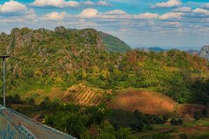 el maravilloso ver en bosque parque desde un del turista punto de vista como ellos Vamos abajo un colina con antecedentes de azul cielo, selva, tailandia aves ojo vista. aéreo vista. foto