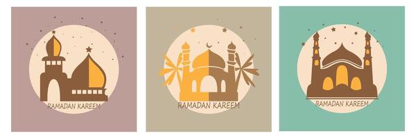 Vector collection of oriental style Islamic mosques with modern boho design, moon, mosque domes and lanterns.Ramadan kareem