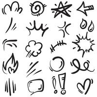 Vector set of hand-drawn cartoony expression sign doodle, curve directional arrows, emoticon effects design elements, cartoon character emotion symbols, cute decorative brush stroke lines.