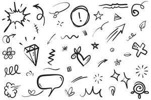 Vector set of hand-drawn cartoony expression sign doodle, curve directional arrows, emoticon effects design elements, cartoon character emotion symbols, cute decorative brush stroke lines.