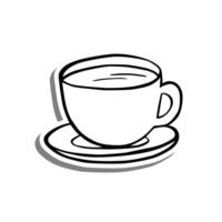 negro línea café taza en blanco silueta y gris sombra. mano dibujado dibujos animados estilo. vector ilustración para Decorar, colorante y ninguna diseño