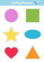 Cutting practice for kids. Geometric shapes. Circle, oval, square, triangle, star, heart. Education developing worksheet. Activity page with pictures. Color game for children vector