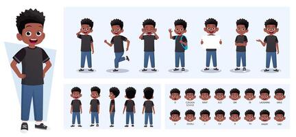 dibujos animados negro chico personaje constructor con gestos, emociones y comportamiento. niño lado, frente, posterior vista. móvil partes para animación y Sincronización labial vector ilustración.