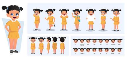 Cute Little Girl Character Constructor Set with 360 degree View, Mouth Animation, Actions and Gestures with Movable Joints for animation Premium Vector Illustration