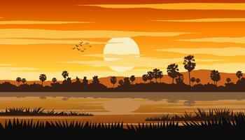 Thai rural life and pond on sunset time with palm tree vector