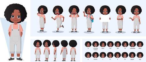 Little Black Girl Character Constructor with Gestures, Actions and Emotions. Child Side, Front, Rear View, with Movable Joints for Animation and Lip-Sync Vector Illustration.