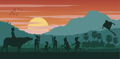 Silhouette scenery of country play of childrenof asean vector