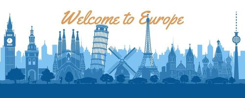 Europe famous landmarks by silhouette style with white and blue color vector