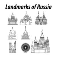 Bundle of Russia famous landmarks by silhouette outline style vector