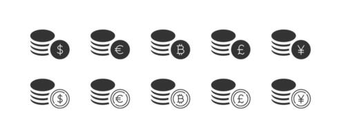 moneda apilar icono. negocio símbolo. pago y salario, dólar, euro, bitcoin, divisa. línea y negro plano vector ilustración.