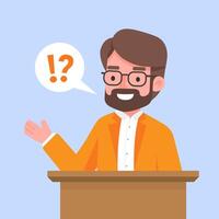 Speaker talking, person at the podium speak to the microphone, speech presentation, political person, simple flat colored vector illustration.