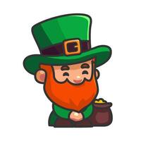 Leprechauns in green costumes with pot of gold coins and hat isolated cartoon character. Irish bearded gnome, happy holidays. St. Patrick day. High quality vector illustration.