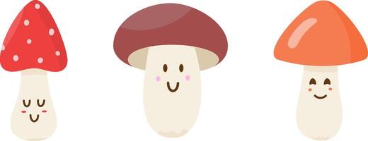 Cute smiling mushroom character in doodle style. Retro style mushroom collection, autumn season, flat vector illustration.