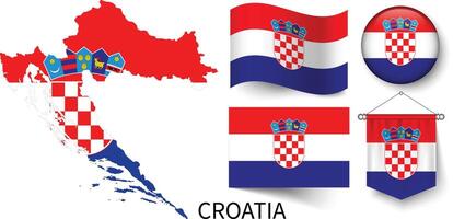 el varios patrones de el Croacia nacional banderas y el mapa de Croacia fronteras vector