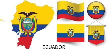 The various patterns of the Ecuador national flags and the map of Ecuador's borders vector