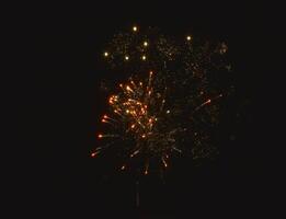 fuegos artificiales Disparo a noche. nuevo años fuegos artificiales en el negro cielo. Navidad luces. foto