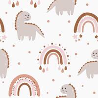 Seamless vector pattern with dinosaur and rainbows. Baby background for wrapping paper,  greeting cards, design.