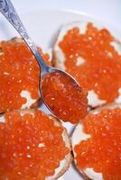 Red salmon caviar on bread and butter. A spoon with red caviar. photo