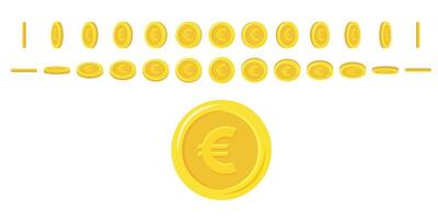 Euro coins rotating. Set of rotation gold coins at different angles for animation. Flat vector illustration.