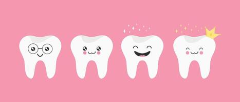 Set of cute cartoon teeth. Healthy and happy tooth. Cute smiling tooth icons. Vector illustration